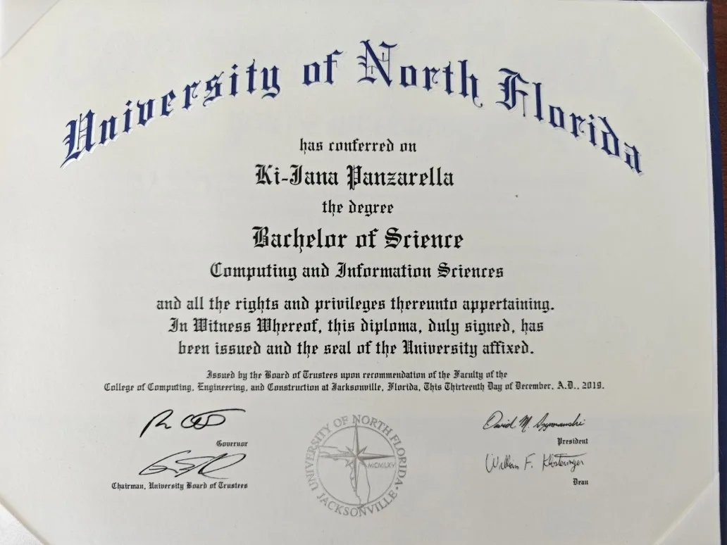 Picture of my bachelor's degree in Computer Science from the University of North Florida