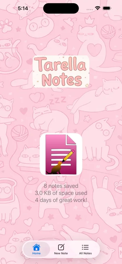 Preview of the home page in the Tarella Notes iOS app