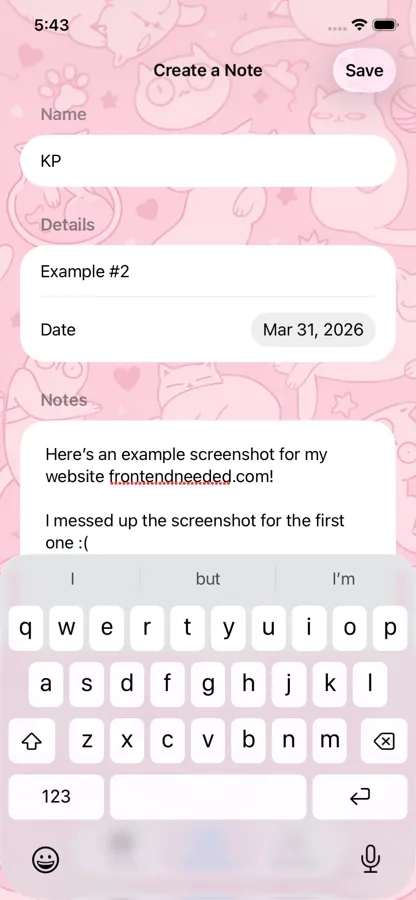 Preview of creating a note in the Tarella Notes iOS app
